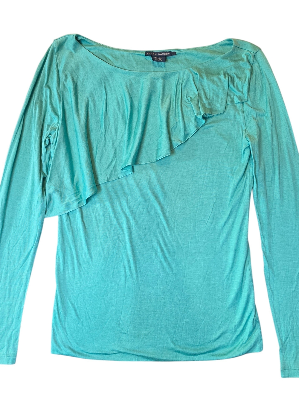 Ralph Lauren Womans Blousr Large Teal Silk Blend Long-Sleeve Ruffle Neck Preppy